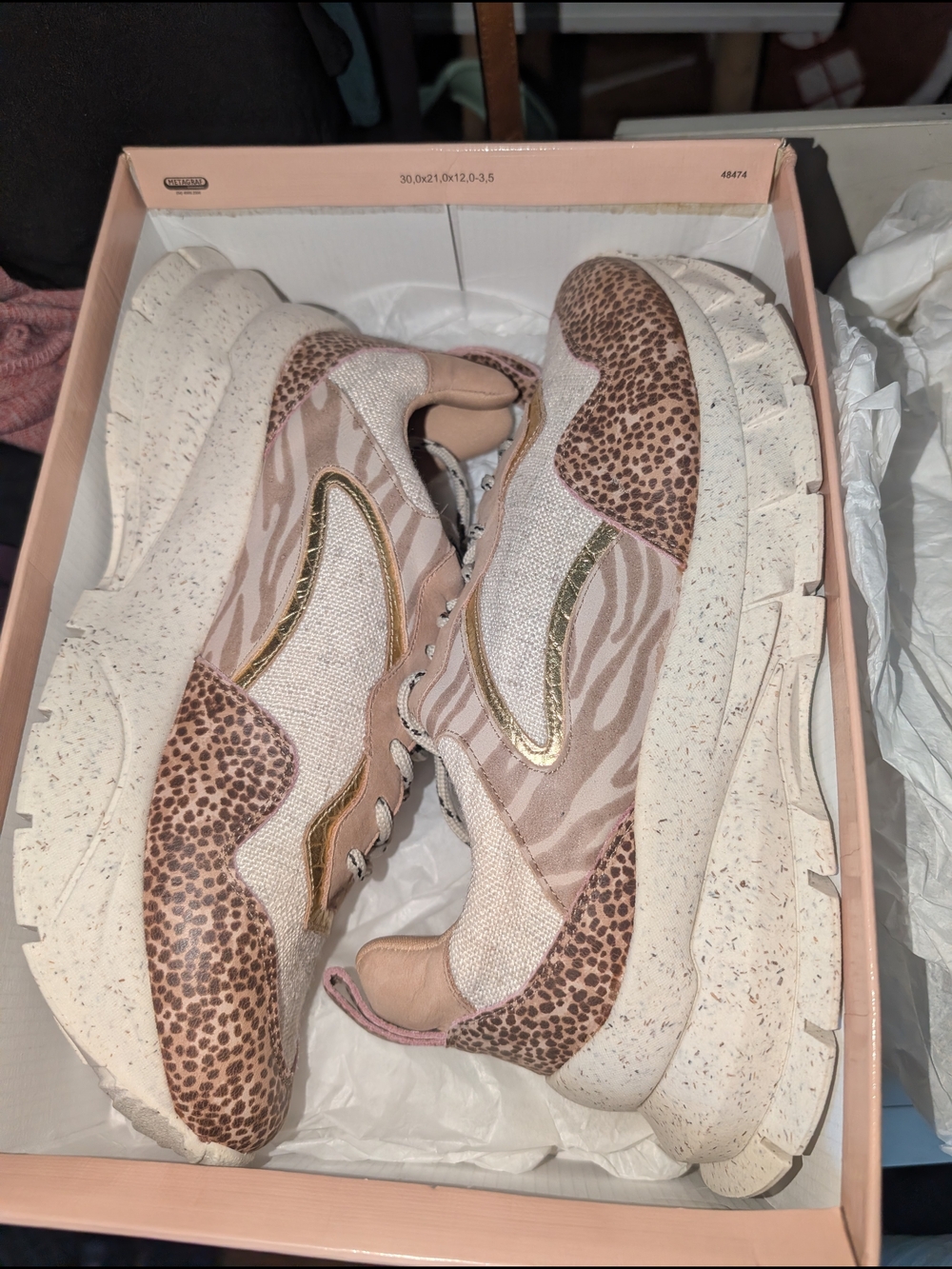 Chunky Mixed-Print Sneaker in Blush Pink and Tan